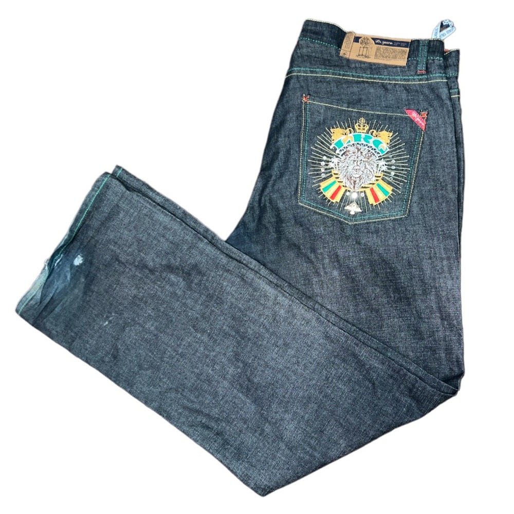 LRG Men’s embroidered bling beaded straight leg jeans, light wash, W34